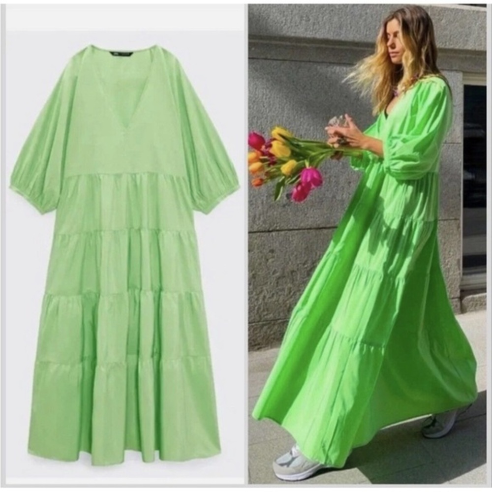 Zara Neon Green Tiered Maxi Dress